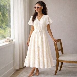 Merrick White Cotton Eyelet Tiered Belted Maxi Dress XS Feminine Euro Sunner